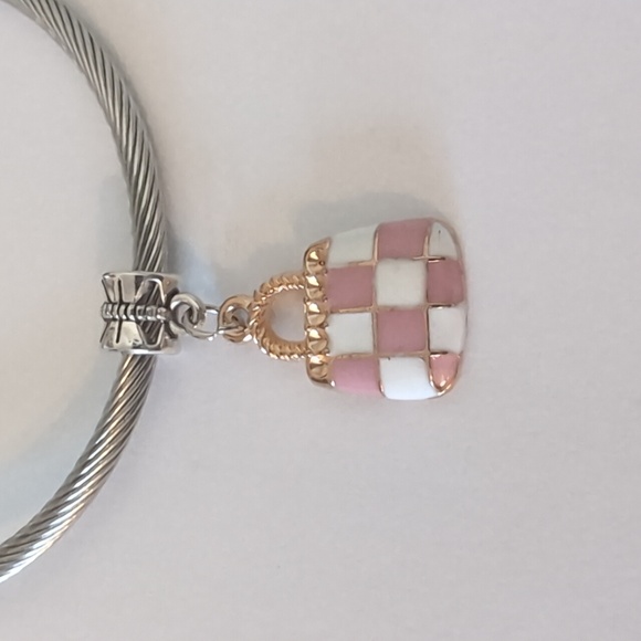 Gold with Pink and White Checkered Purse Dangle Charm for Pandora Style Bracelet - Picture 1 of 4